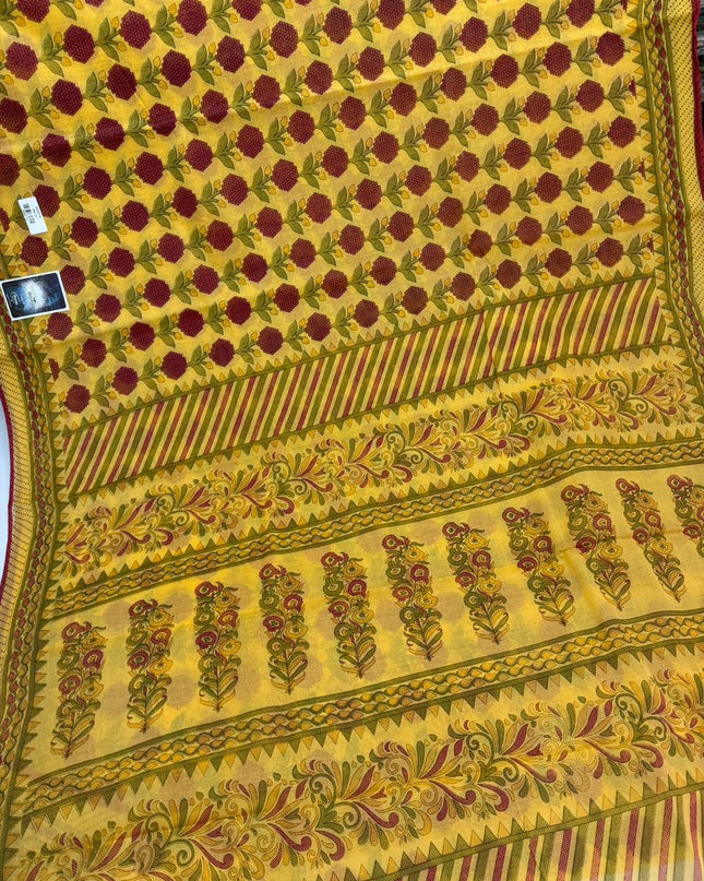 Premium Meena Cotton Printed Saree in Mustard Yellow Colour | Elegant Traditional Ethnic Wear