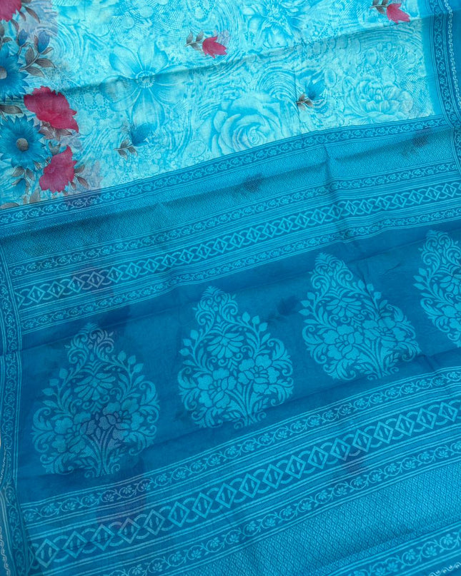 Premium Meena Cotton Printed Saree in Sky Blue Colour | Elegant Traditional Ethnic Wear