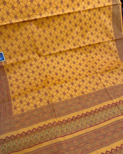Premium Meena Cotton Printed Saree in Turmeric Gold Colour | Elegant Traditional Ethnic Wear