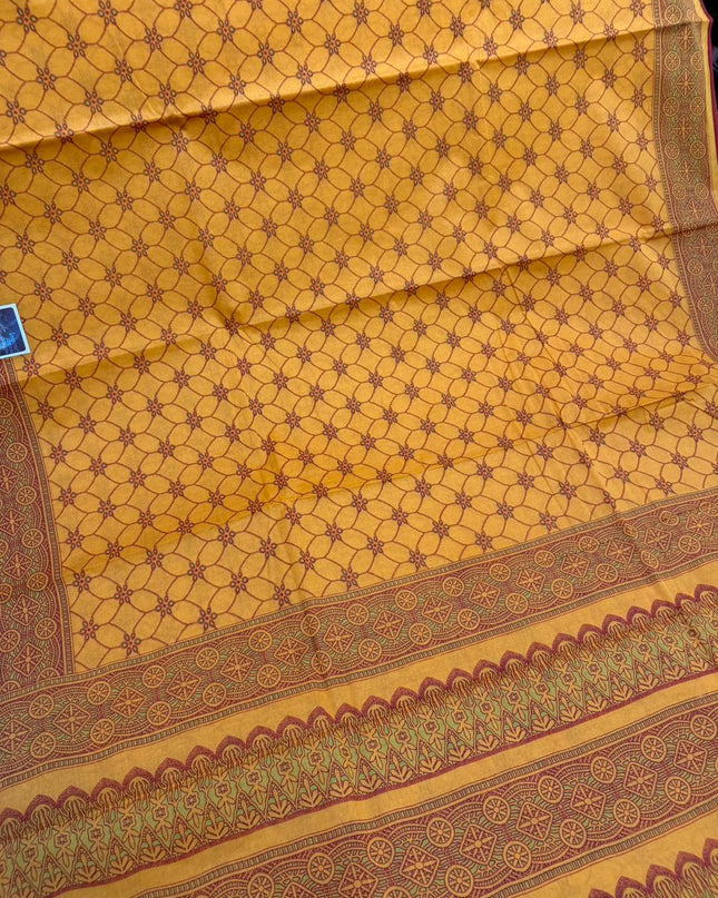 Premium Meena Cotton Printed Saree in Turmeric Gold Colour | Elegant Traditional Ethnic Wear