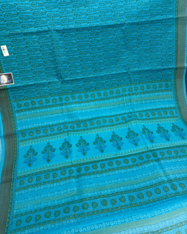 Premium Meena Cotton Printed Saree in Turquoise Blue Colour | Elegant Traditional Ethnic Wear
