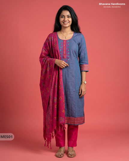 Premium Mangalagiri Kurti Set with Embroidery Design, Threads Bottom & Printed Dupatta – Slate Blue Colour