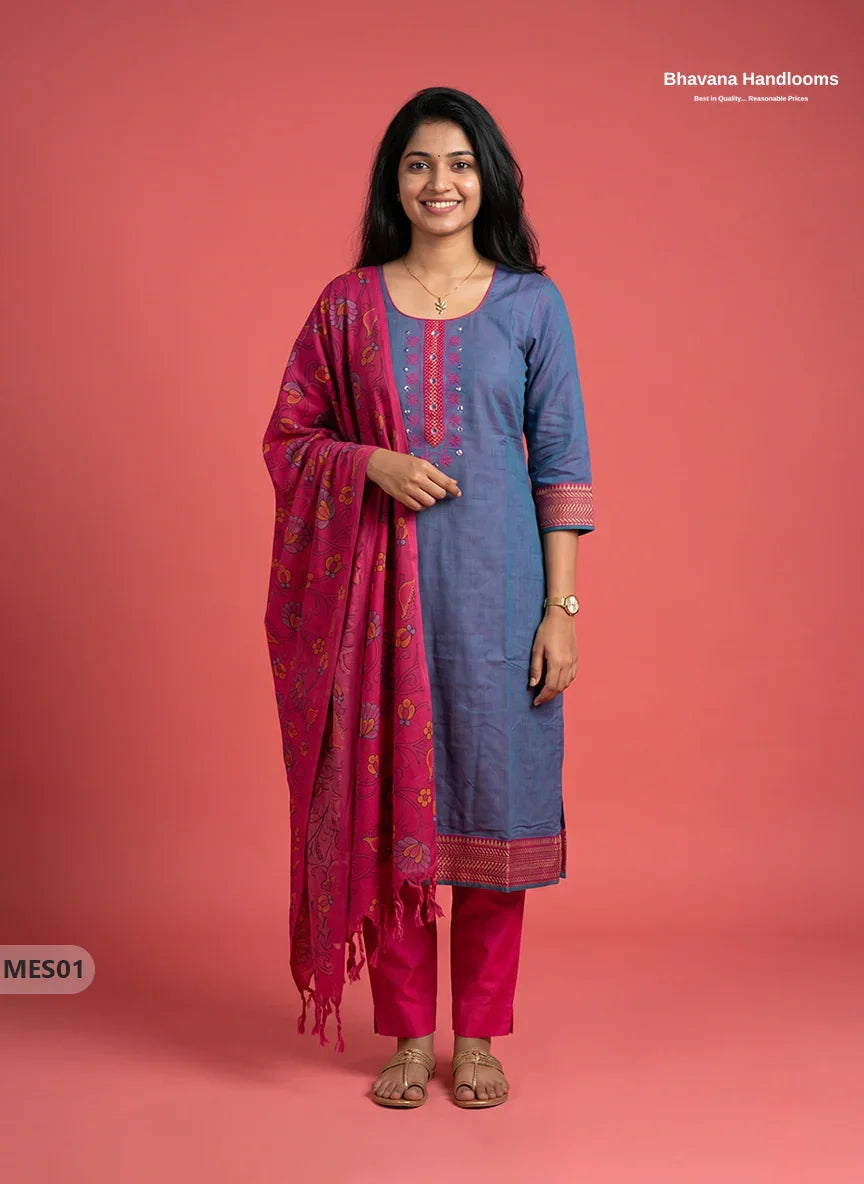 Premium Mangalagiri Kurti Set with Embroidery Design, Threads Bottom & Printed Dupatta – Slate Blue Colour