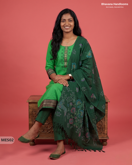 Premium Mangalagiri Kurti Set with Embroidery Design, Threads Bottom & Printed Dupatta – Leaf Green Colour
