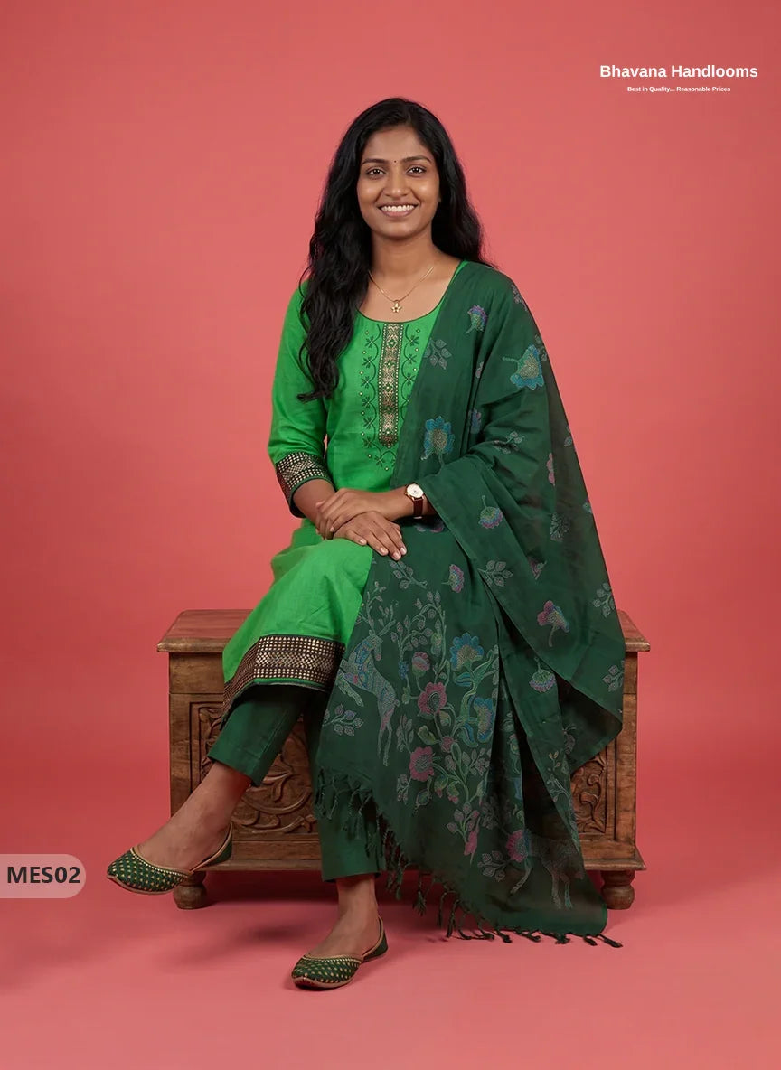 Premium Mangalagiri Kurti Set with Embroidery Design, Threads Bottom & Printed Dupatta – Leaf Green Colour
