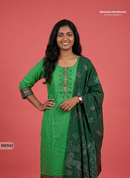 Premium Mangalagiri Kurti Set with Embroidery Design, Threads Bottom & Printed Dupatta – Leaf Green Colour