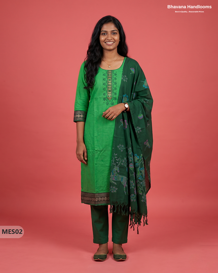 Premium Mangalagiri Kurti Set with Embroidery Design, Threads Bottom & Printed Dupatta – Leaf Green Colour