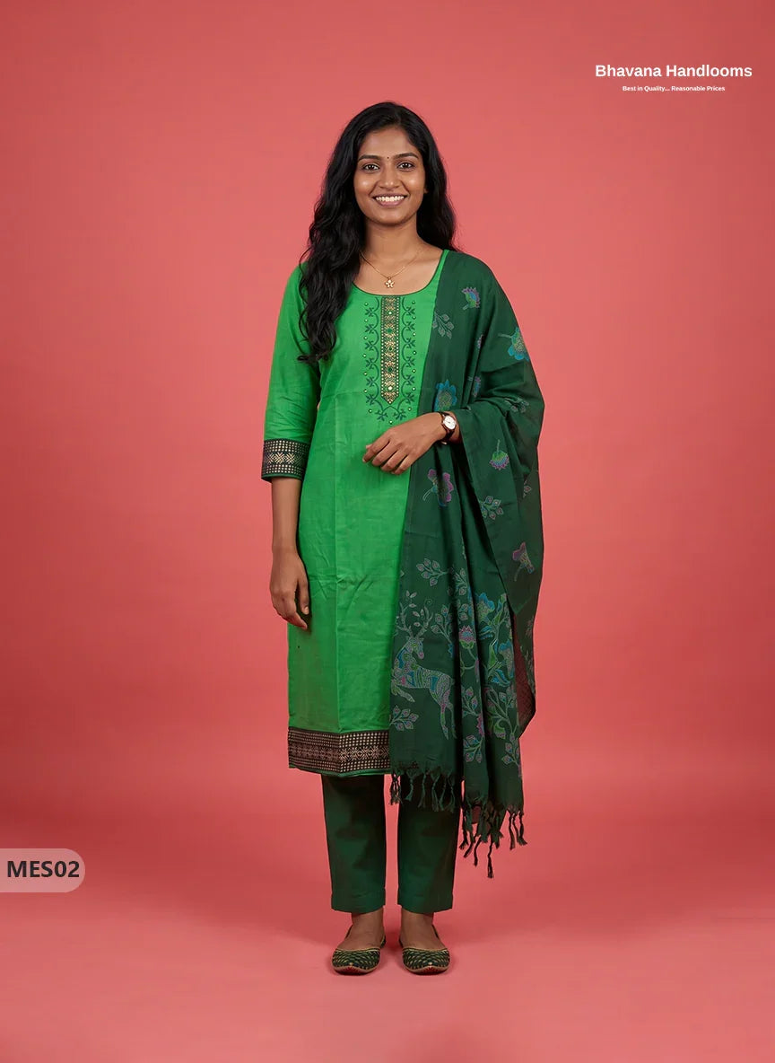 Premium Mangalagiri Kurti Set with Embroidery Design, Threads Bottom & Printed Dupatta – Leaf Green Colour