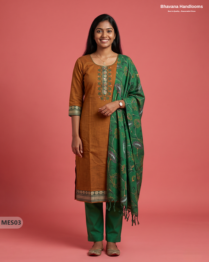 Premium Mangalagiri Kurti Set with Embroidery Design, Threads Bottom & Printed Dupatta – Ochre Earth Colour