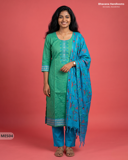 Premium Mangalagiri Kurti Set with Embroidery Design, Threads Bottom & Printed Dupatta – Mint Green Colour
