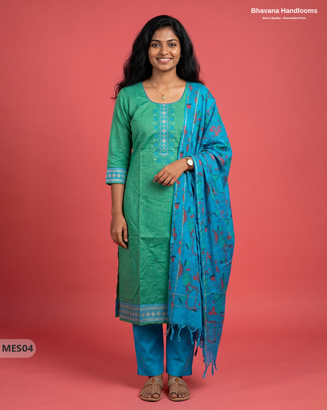 Premium Mangalagiri Kurti Set with Embroidery Design, Threads Bottom & Printed Dupatta – Mint Green Colour
