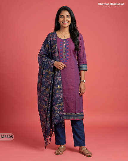 Premium Mangalagiri Kurti Set with Embroidery Design, Threads Bottom & Printed Dupatta – Deep Orchid Colour