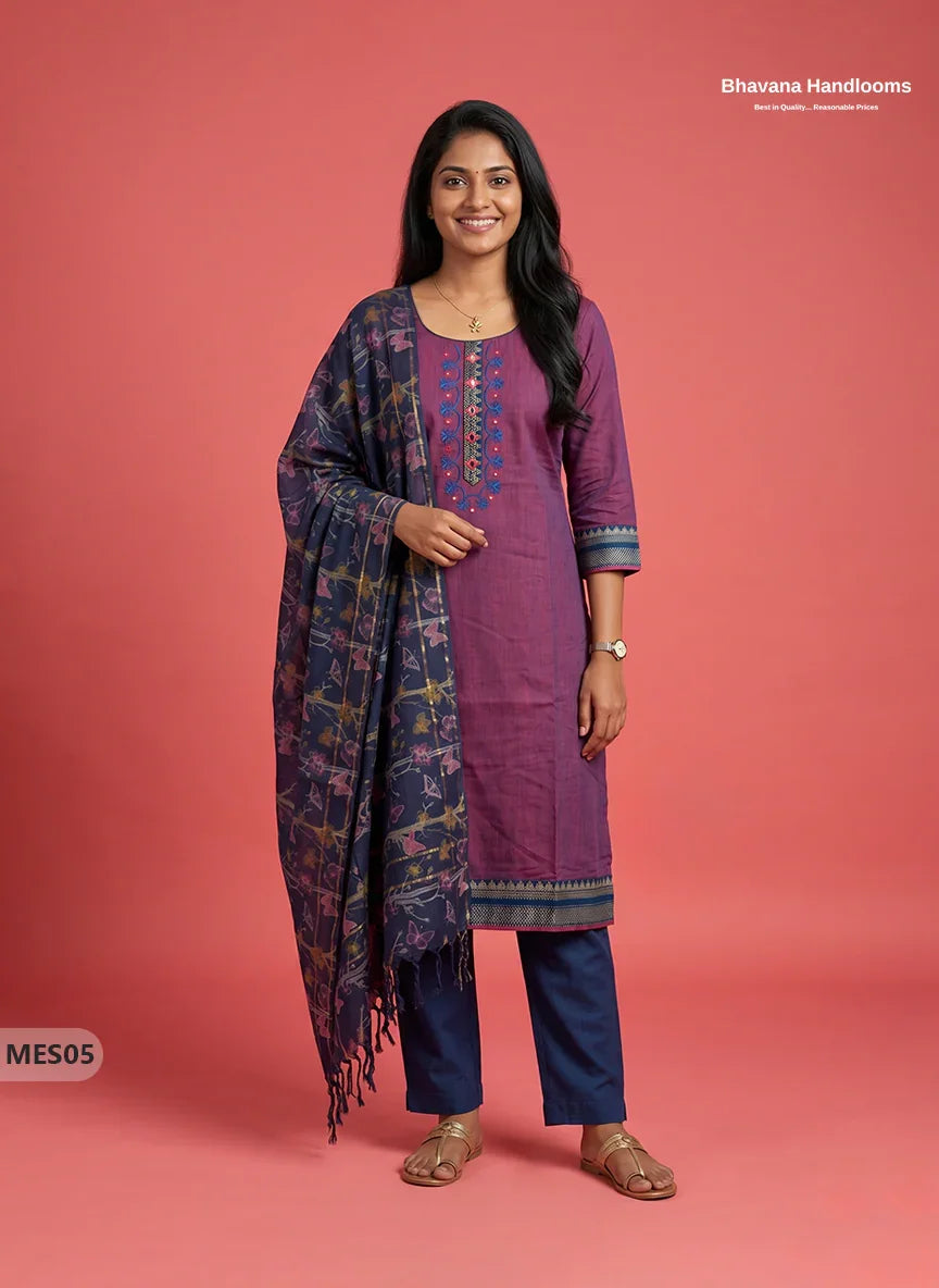 Premium Mangalagiri Kurti Set with Embroidery Design, Threads Bottom & Printed Dupatta – Deep Orchid Colour