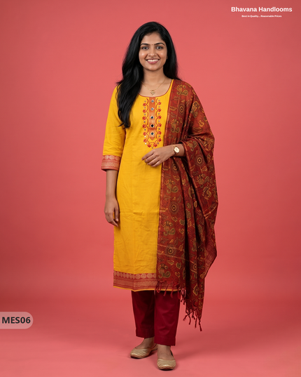 Premium Mangalagiri Kurti Set with Embroidery Design, Threads Bottom & Printed Dupatta – Yellow Colour