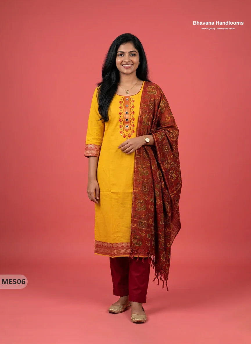 Premium Mangalagiri Kurti Set with Embroidery Design, Threads Bottom & Printed Dupatta – Yellow Colour