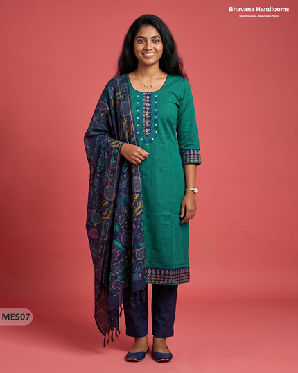 Premium Mangalagiri Kurti Set with Embroidery Design, Threads Bottom & Printed Dupatta – Emerald Green Colour