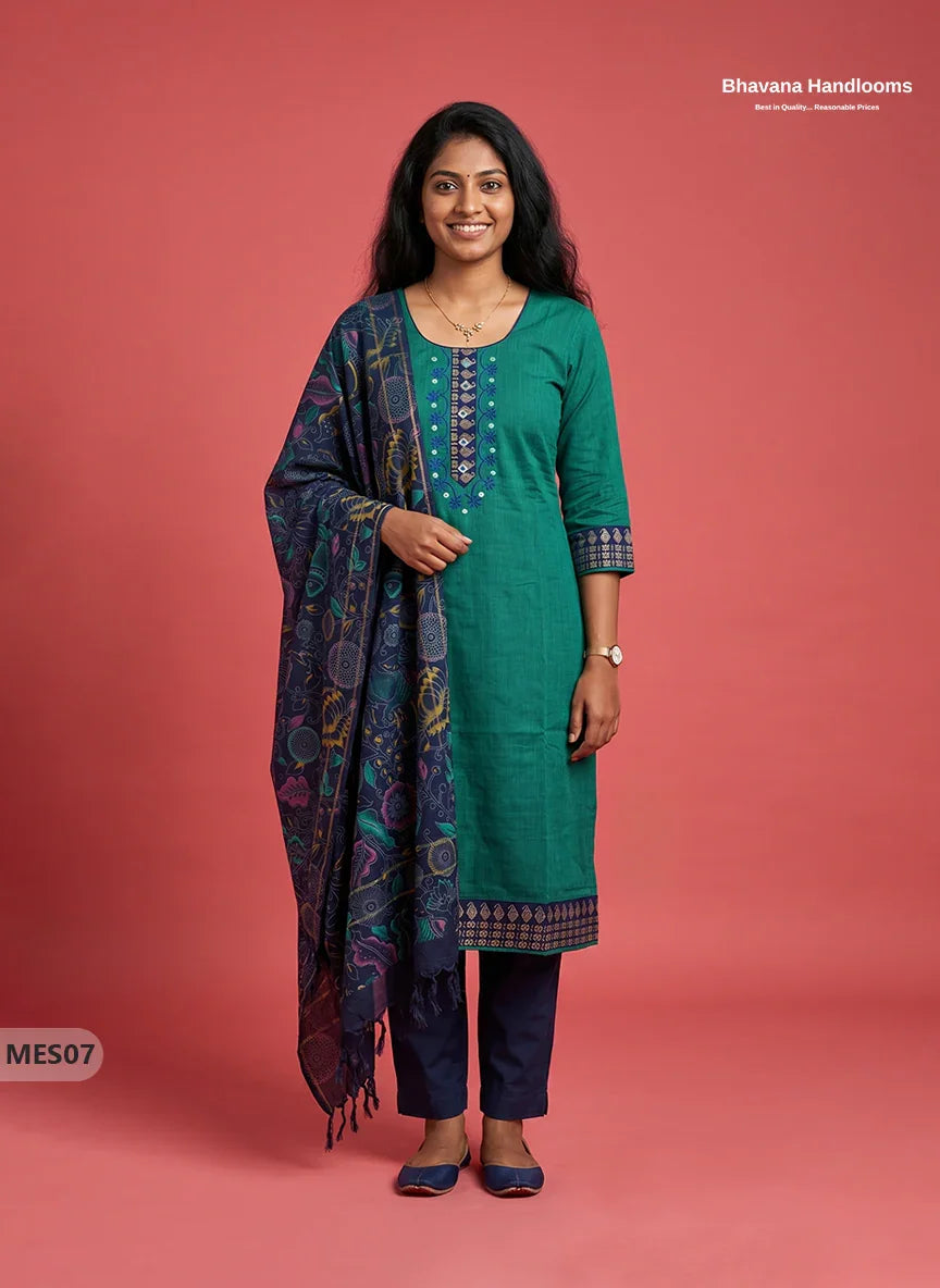 Premium Mangalagiri Kurti Set with Embroidery Design, Threads Bottom & Printed Dupatta – Emerald Green Colour