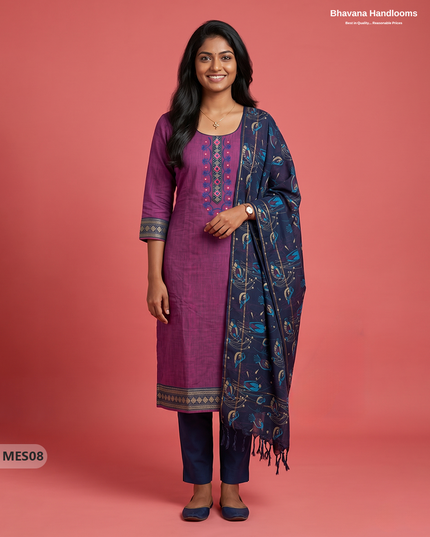 Premium Mangalagiri Kurti Set with Embroidery Design, Threads Bottom & Printed Dupatta – Plum Purple Colour