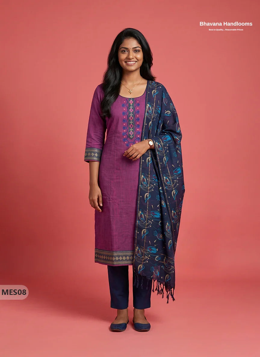 Premium Mangalagiri Kurti Set with Embroidery Design, Threads Bottom & Printed Dupatta – Plum Purple Colour