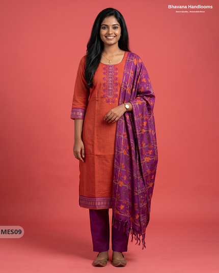 Premium Mangalagiri Kurti Set with Embroidery Design, Threads Bottom & Printed Dupatta – Pink & Orange Double Wevan