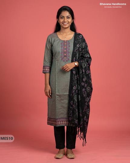 Premium Mangalagiri Kurti Set with Embroidery Design, Threads Bottom & Printed Dupatta – Olive Grey Colour