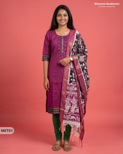 Premium Mangalagiri 2PC Kurti Set in Magenta Purple Colour with Embroidery Design & Printed Dupatta
