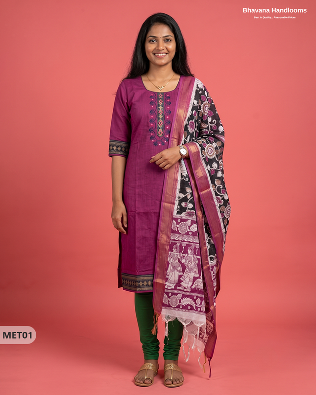 Premium Mangalagiri 2PC Kurti Set in Magenta Purple Colour with Embroidery Design & Printed Dupatta