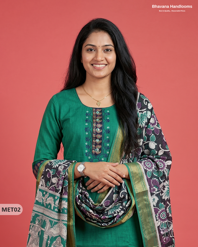 Premium Mangalagiri 2PC Kurti Set in Emerald Green Colour with Embroidery Design & Printed Dupatta