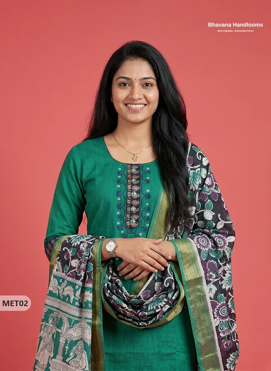 Premium Mangalagiri 2PC Kurti Set in Emerald Green Colour with Embroidery Design & Printed Dupatta
