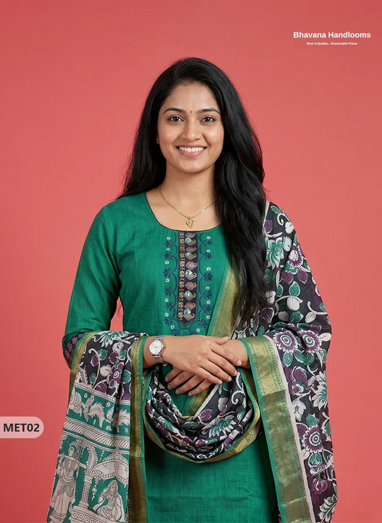 Premium Mangalagiri 2PC Kurti Set in Emerald Green Colour with Embroidery Design & Printed Dupatta