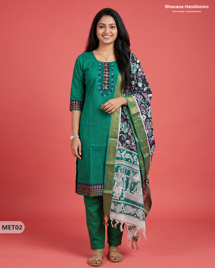 Premium Mangalagiri 2PC Kurti Set in Emerald Green Colour with Embroidery Design & Printed Dupatta