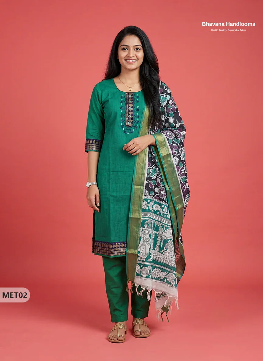 Premium Mangalagiri 2PC Kurti Set in Emerald Green Colour with Embroidery Design & Printed Dupatta