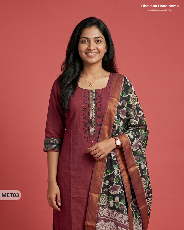 Premium Mangalagiri 2PC Kurti Set in Muted Maroon Colour with Embroidery Design & Printed Dupatta