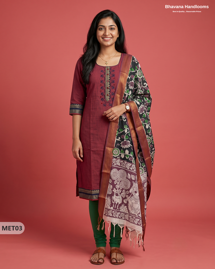 Premium Mangalagiri 2PC Kurti Set in Muted Maroon Colour with Embroidery Design & Printed Dupatta