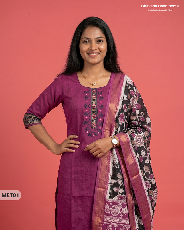 Premium Mangalagiri 2PC Kurti Set in Magenta Purple Colour with Embroidery Design & Printed Dupatta