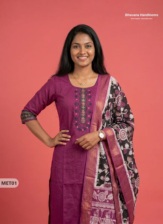 Premium Mangalagiri 2PC Kurti Set in Magenta Purple Colour with Embroidery Design & Printed Dupatta