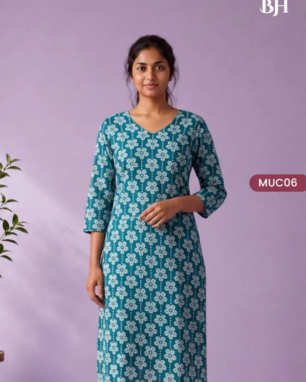 Peacock Blue & White Floral Printed Mul Cotton Top with Full-Length Cotton Lining | Women's Casual Wear