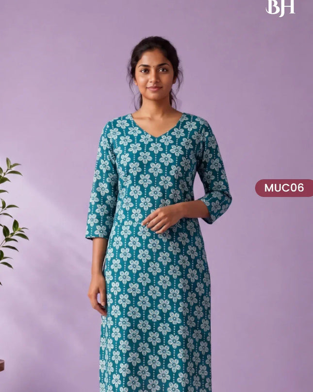 Peacock Blue & White Floral Printed Mul Cotton Top with Full-Length Cotton Lining | Women's Casual Wear