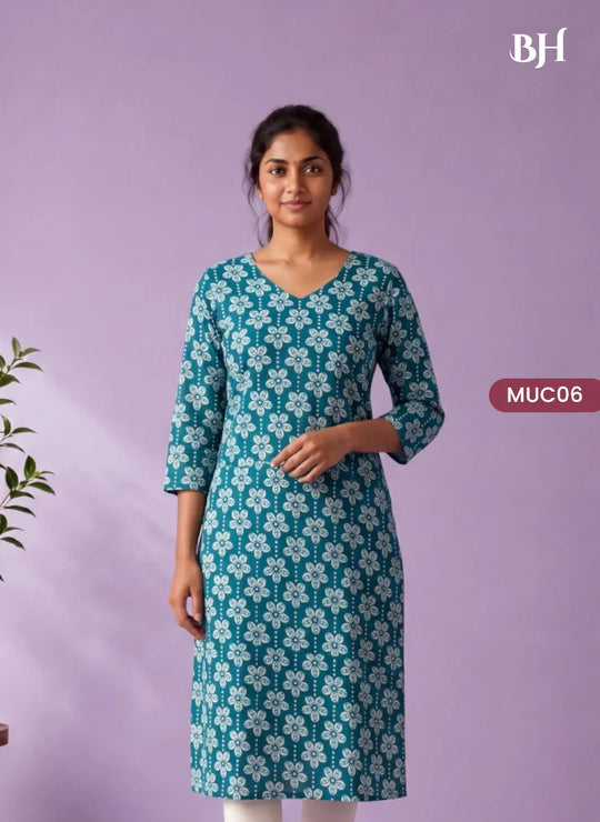 Peacock Blue & White Floral Printed Mul Cotton Top with Full-Length Cotton Lining | Women's Casual Wear
