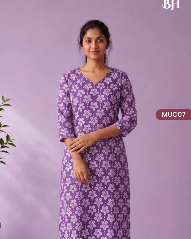 Lavender Purple & White Floral Printed Mul Cotton Top with Full-Length Cotton Lining | Women's Casual Wear