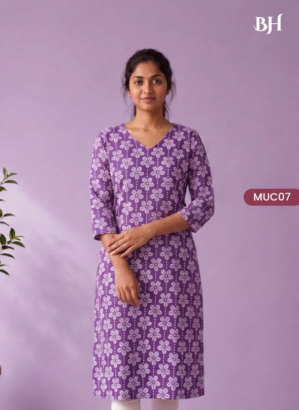 Lavender Purple & White Floral Printed Mul Cotton Top with Full-Length Cotton Lining | Women's Casual Wear