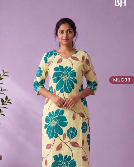 Cream Yellow & Teal Blue Floral Printed Mul Cotton Top with Full-Length Cotton Lining | Women's Casual Wear