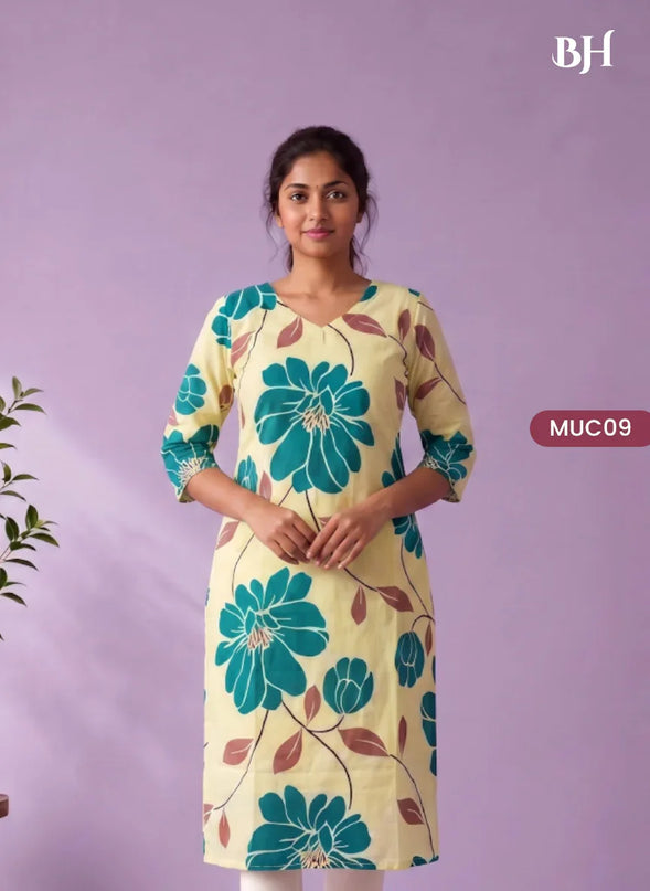 Cream Yellow & Teal Blue Floral Printed Mul Cotton Top with Full-Length Cotton Lining | Women's Casual Wear