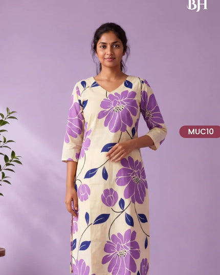 Cream & Lavender Purple Floral Printed Mul Cotton Top with Full-Length Cotton Lining | Women's Casual Wear