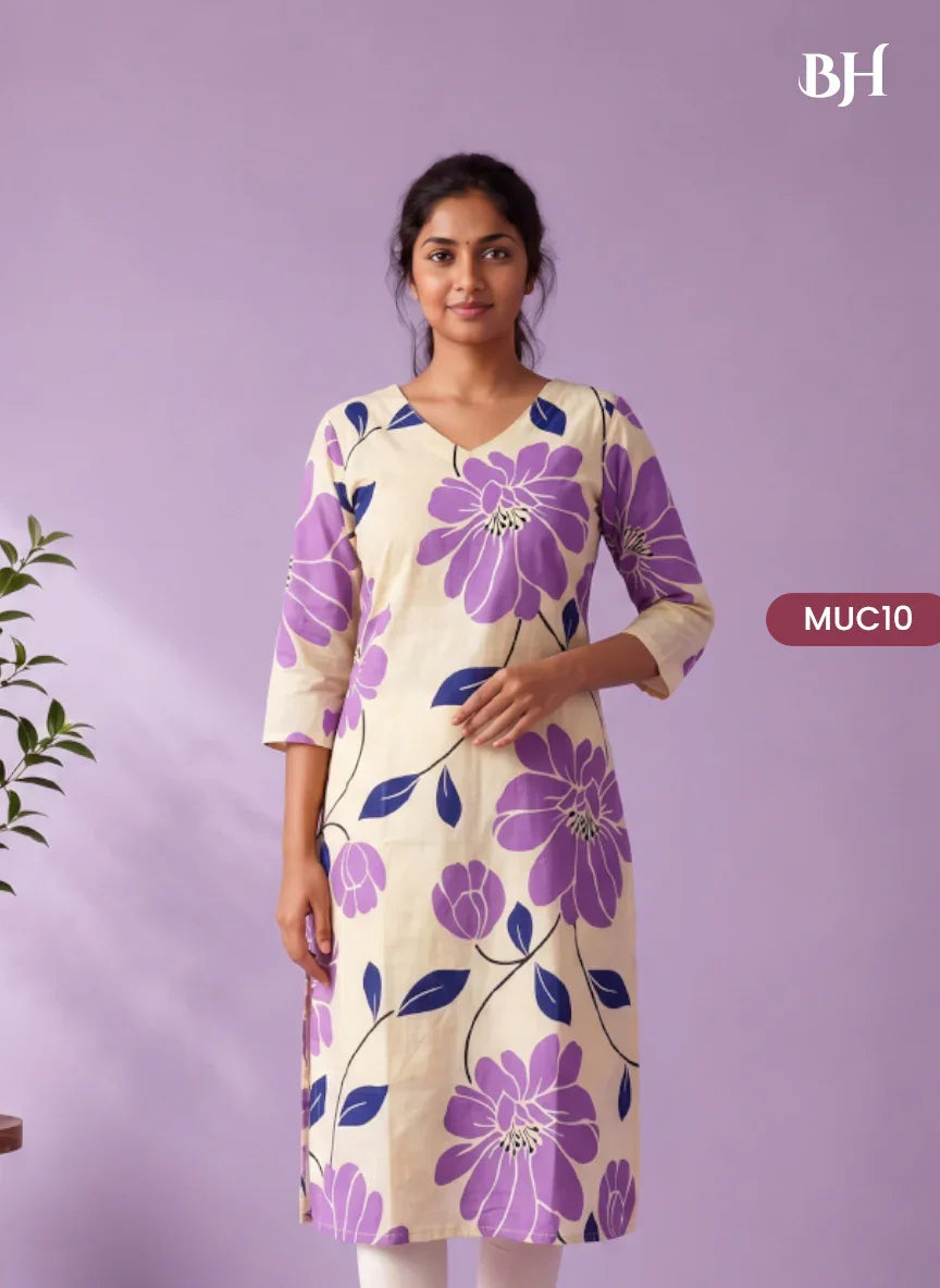 Cream & Lavender Purple Floral Printed Mul Cotton Top with Full-Length Cotton Lining | Women's Casual Wear