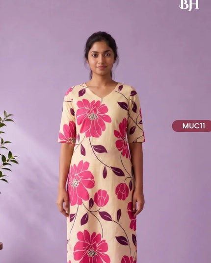 Cream & Rani Pink Floral Printed Mul Cotton Top with Full-Length Cotton Lining | Women's Casual Wear