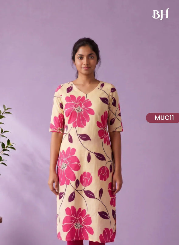 Cream & Rani Pink Floral Printed Mul Cotton Top with Full-Length Cotton Lining | Women's Casual Wear