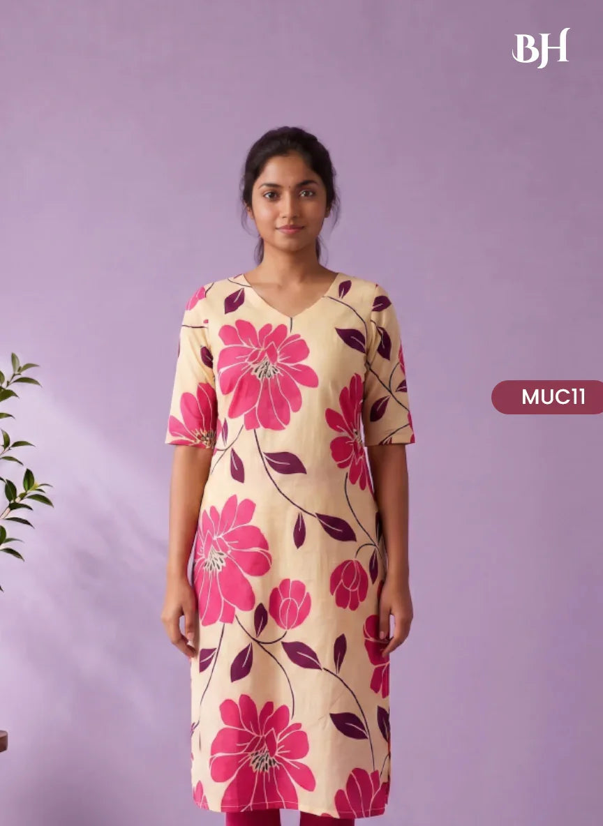 Cream & Rani Pink Floral Printed Mul Cotton Top with Full-Length Cotton Lining | Women's Casual Wear