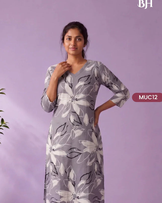 Ash Grey & White Floral Printed Mul Cotton Top with Full-Length Cotton Lining | Women's Casual Wear