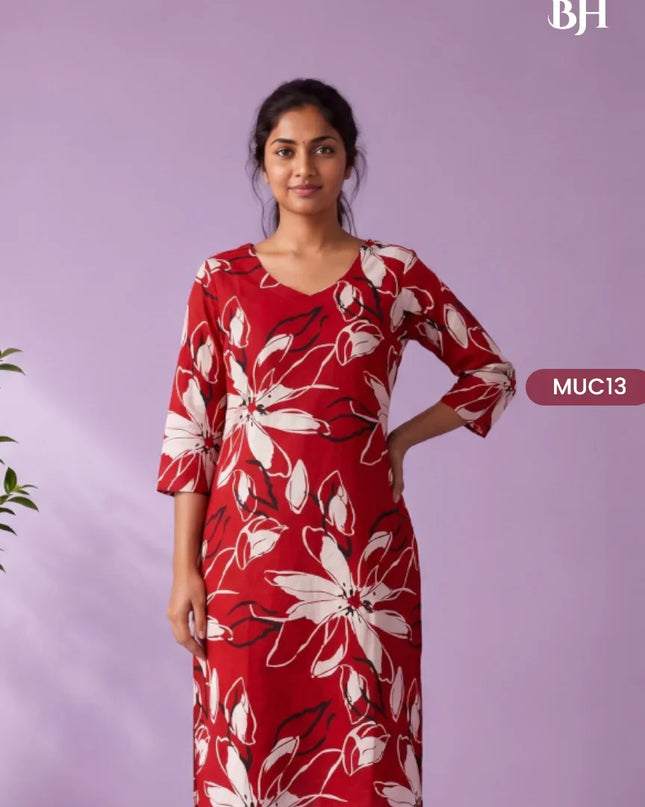 Crimson Red & White Floral Printed Mul Cotton Top with Full-Length Cotton Lining | Women's Casual Wear